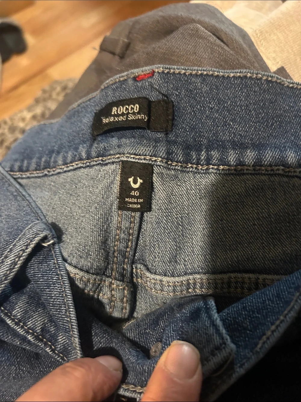 True Religion Men's Light Blue Slim Straight Jeans with Flap Back Pockets